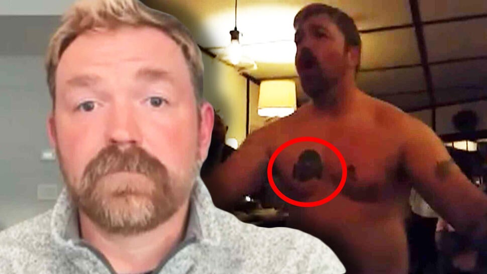Graham Platner in an interview / Graham Platner shirtless with a red circle around his chest tattoo
