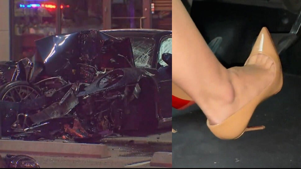 Car crash, woman in high heels operating gas pedal