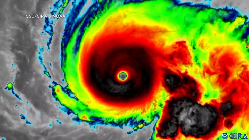 Overhead satellite image of Hurricane Melissa