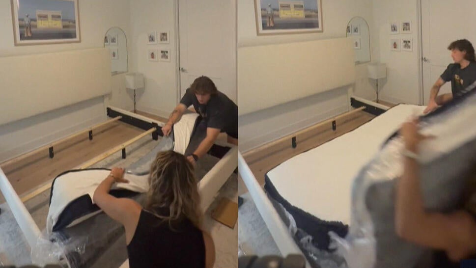 Before and after two people open a vacuum-sealed mattress that pops open