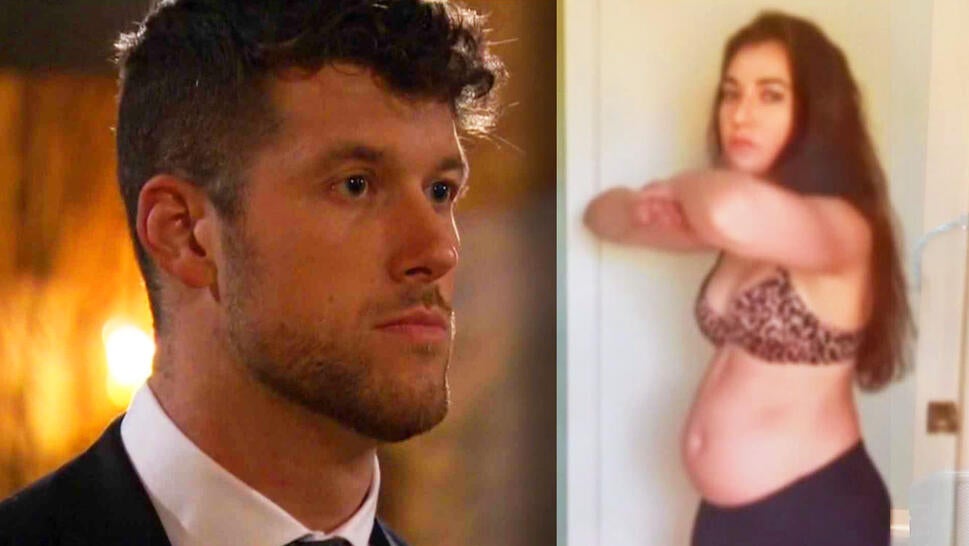 Clayton Echard on 'The Bachelor' / woman standing sideways with her arms off showing off belly