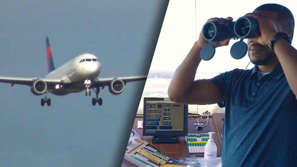 Airplane flying / Man looking through binoculars at runway