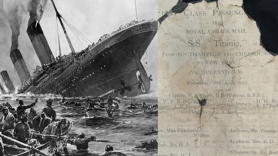 rendering of the sinking of the Titanic, damaged first class passenger list up for auction