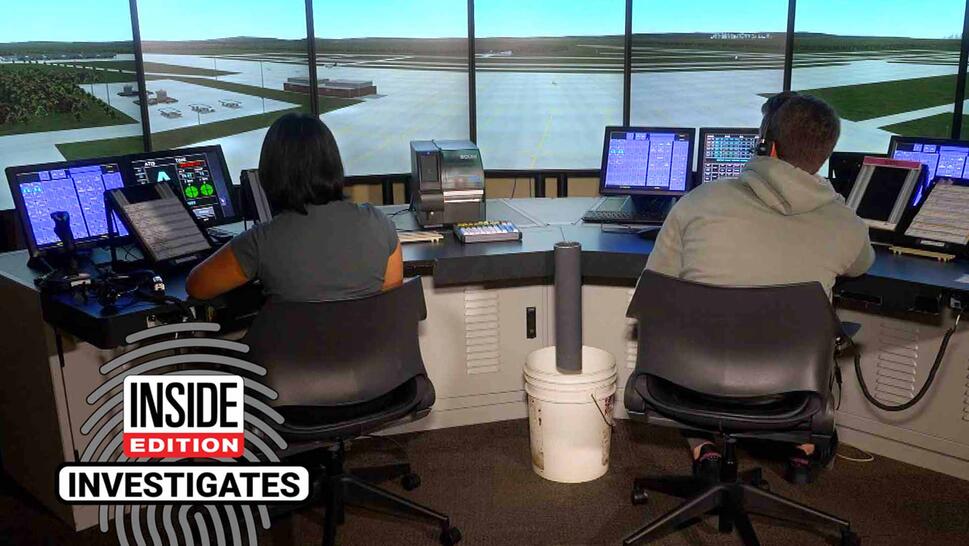 Two young adults sitting at an air traffic control station monitoring 