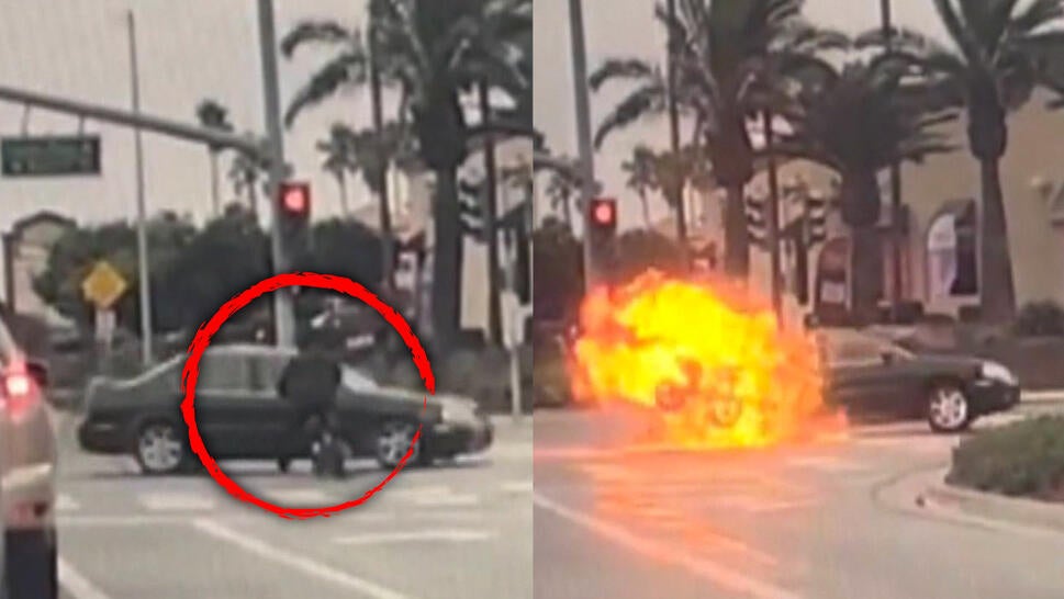Motorcyclist about to crash into car, fireball resulting from collision