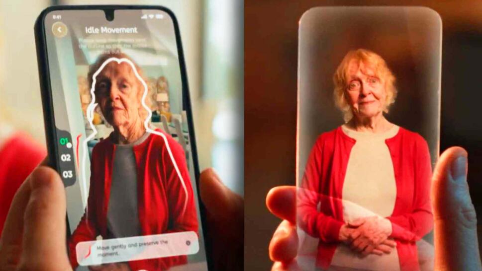 Phone recording a living person / AI replication of an older woman