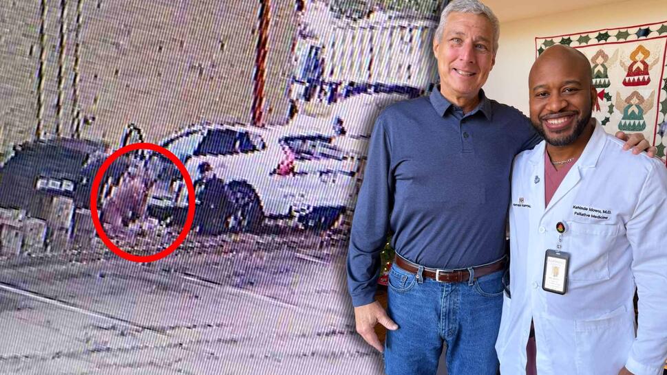 An SUV crashed into a wall / Two men standing side by side, one of them in a doctor's coat and the other in a buttondown