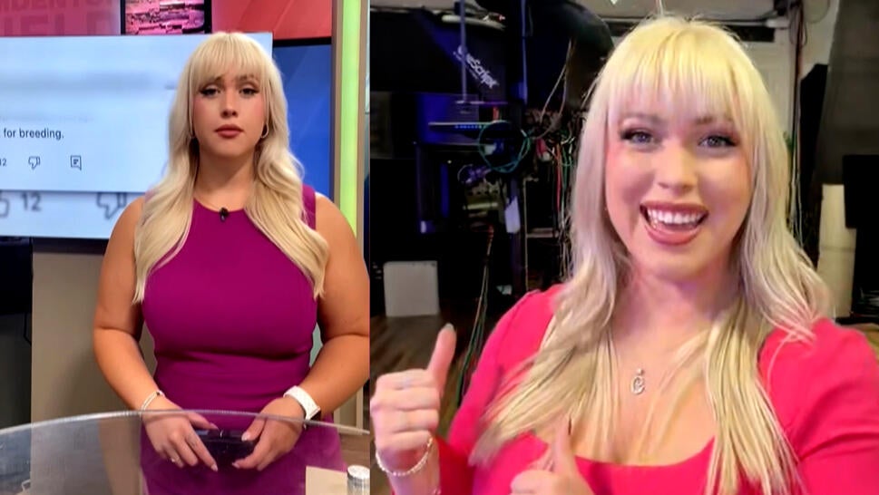 Split image of Carissa Codel in news studio/Carissa Codel laughing during interview with Inside Edition