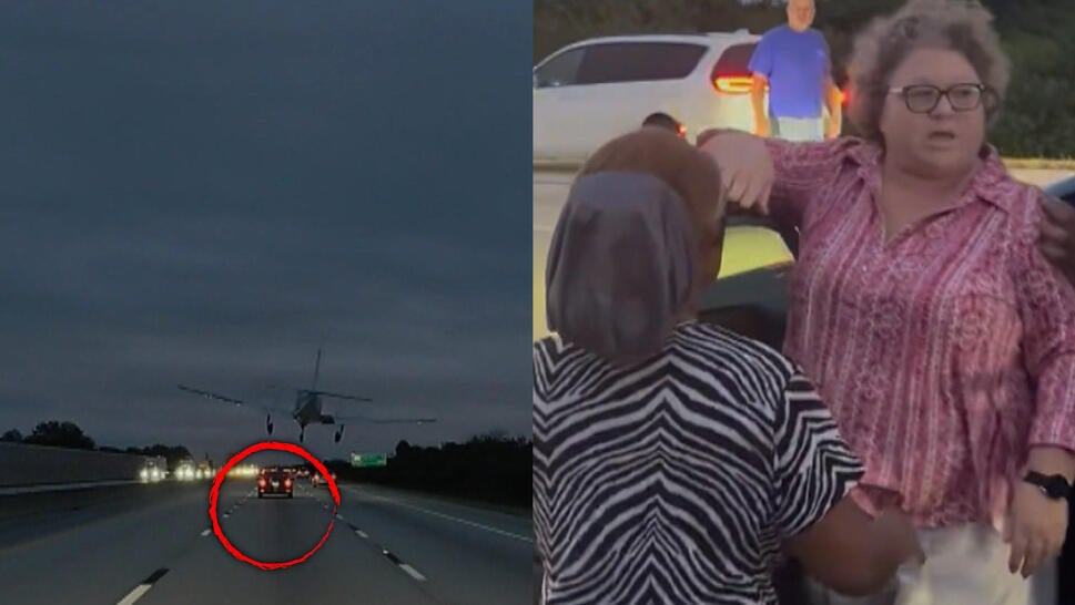 Moments before a plane crashed on top of car in red circle, bystanders help the car's driver after crash