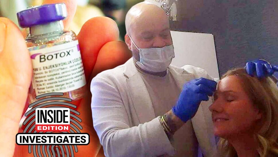 Hand holding up a vial of Botox / Doctor marking patient's face for Botox injection sites