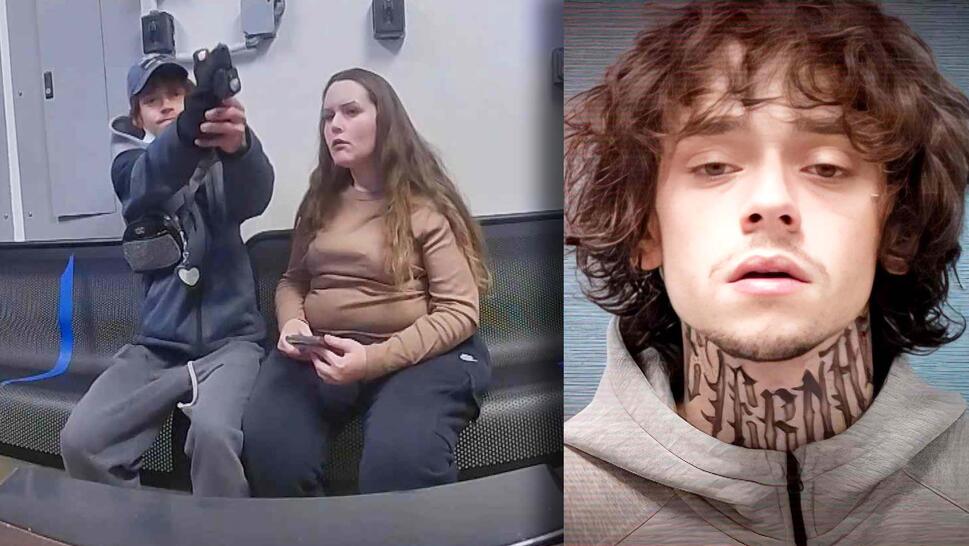 Surveillance footage of two people on a couch, one is pointing a gun / mugshot