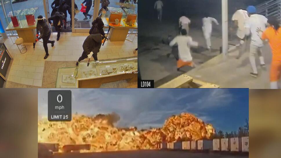 A group of people robbing a jewelry store, prisoners making an escape, a large explosion