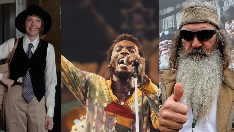 Triptych image of Diane Keaton from Annie Hall, singer Jimmy Cliff in concert, Duck Dynasty's Phil Robertson giving thumbs up