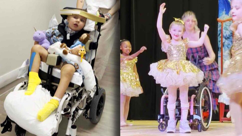 Young child Morrie Covin in a wheelchair surrounded by medical equipment / 6-year-old Morrie Covin standing on stage in a tutu in front of wheelchair