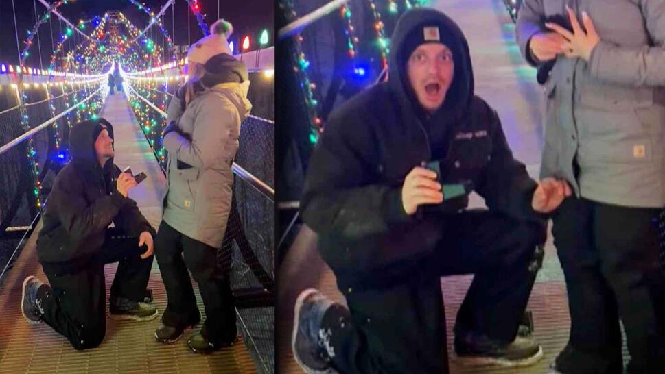 Man on one knee purposing to a woman / Man's face with a shocked expression 