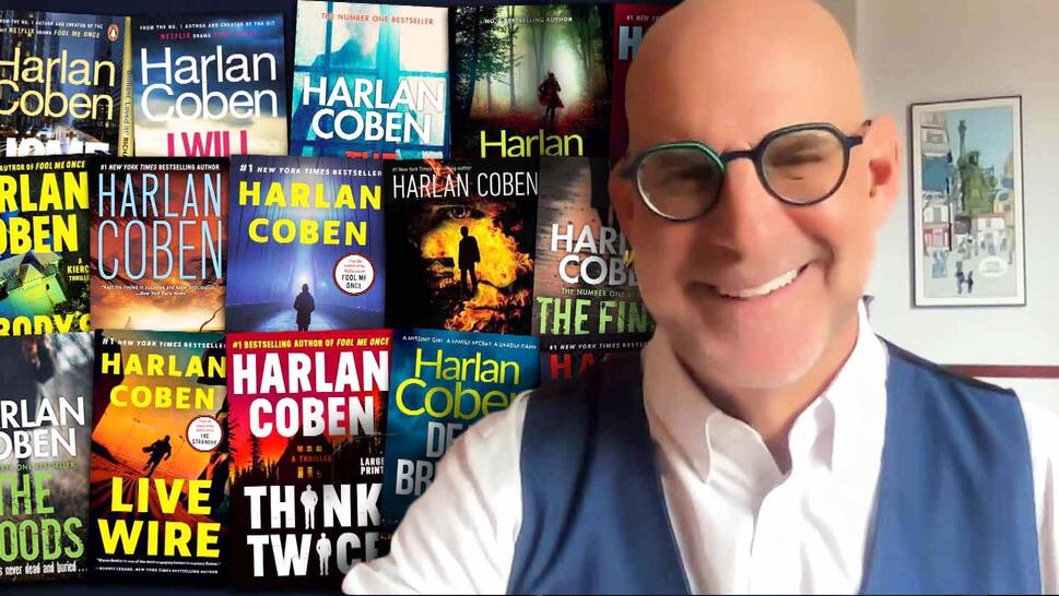 Collage of Harlan Coban's books / Harlan Coban smiling