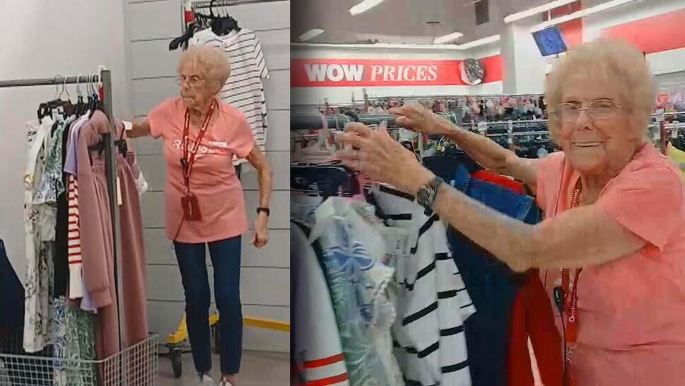 Elderly woman hanging clothes on a rack / Elderly woman pushing a rack of clothes