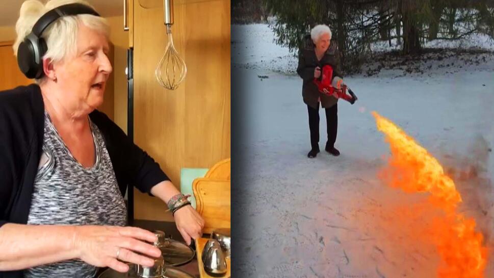 Elderly woman in a kitchen singing into a whisk / Elderly woman using a flamethrower to melt snow