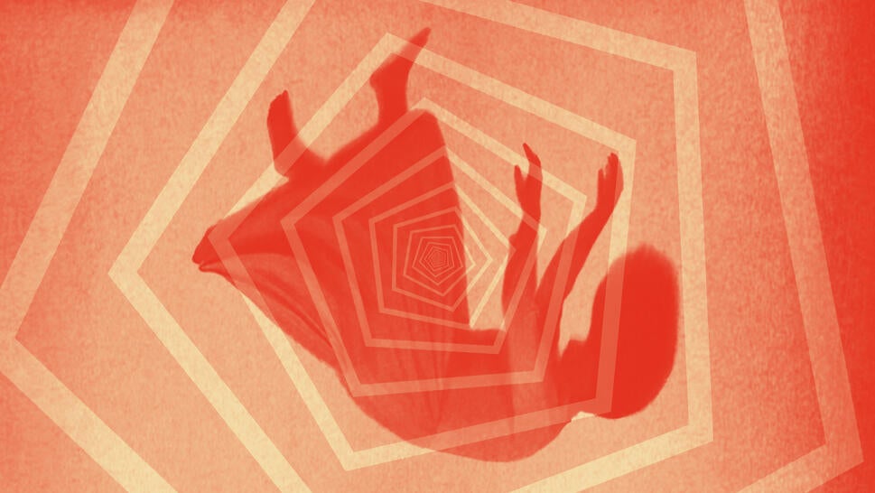 Silhouette of a girl falling over vertiginous pentagon spiral