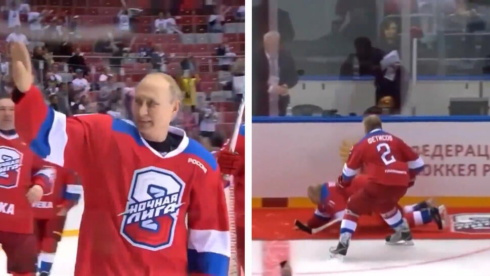 Russian President Vladimir Putin taking a victory lap after a hockey game
