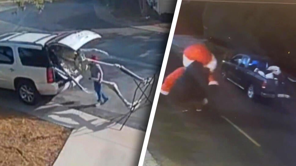 Surveillance footage of a person trying to stuff a 10-ft skeleton into the back of an SUV / Surveillance footage of a person holding a partially deflated Santa lawn ornament to car