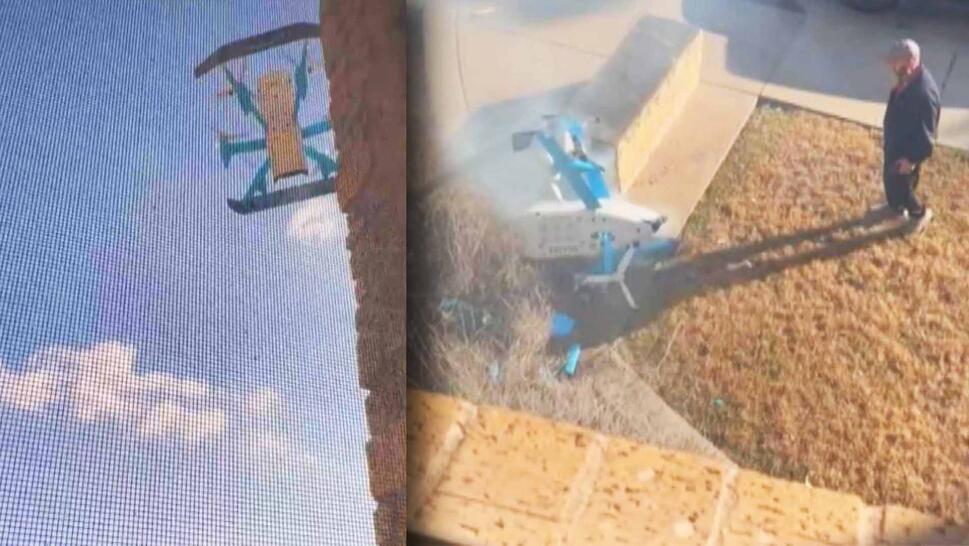 Large delivery drone hovering outside a window / Large drone on the ground with smoke billowing out