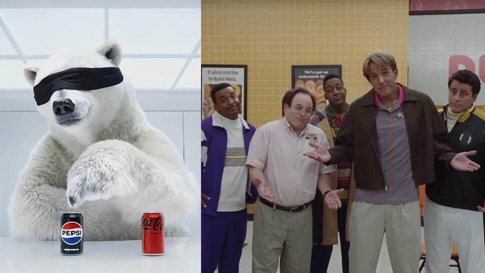 Pepsi ad with a polar bear, Dunkin Donuts ad featuring (from left) Alfonso Ribiero, Jason Alexander, Jaleel White, Ben Affleck, Matt LeBlanc