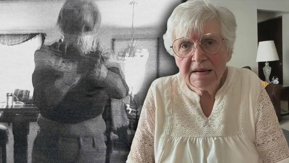 Grainy black and white image of Delia Rollek bound in duct tape / Delia Rollek in an interview