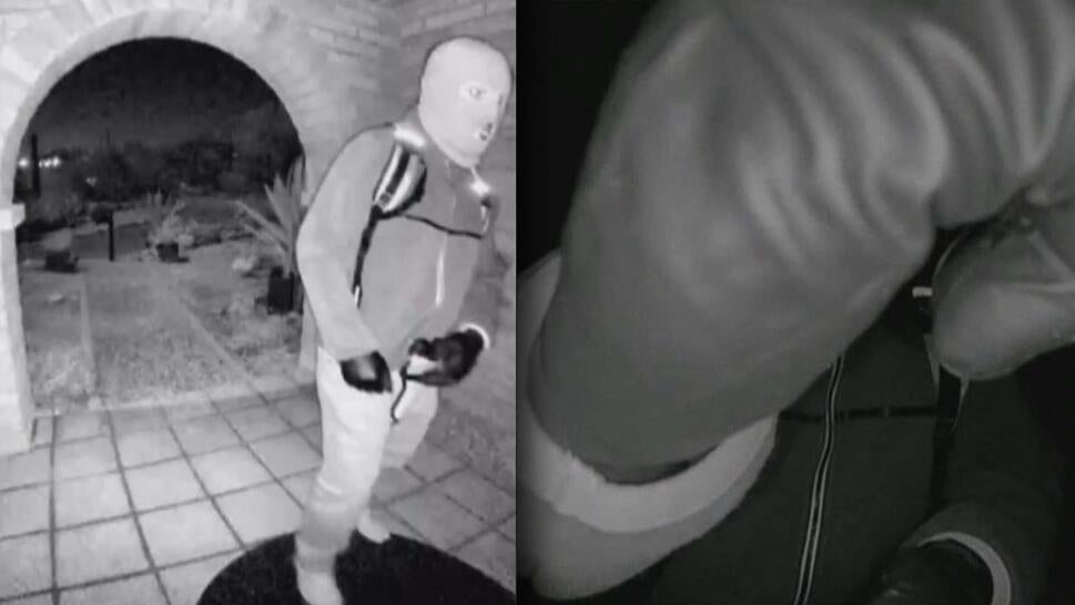 Surveillance footage of a masked individual at Nancy Guthrie's door / Gloved hand blocking view of security camera