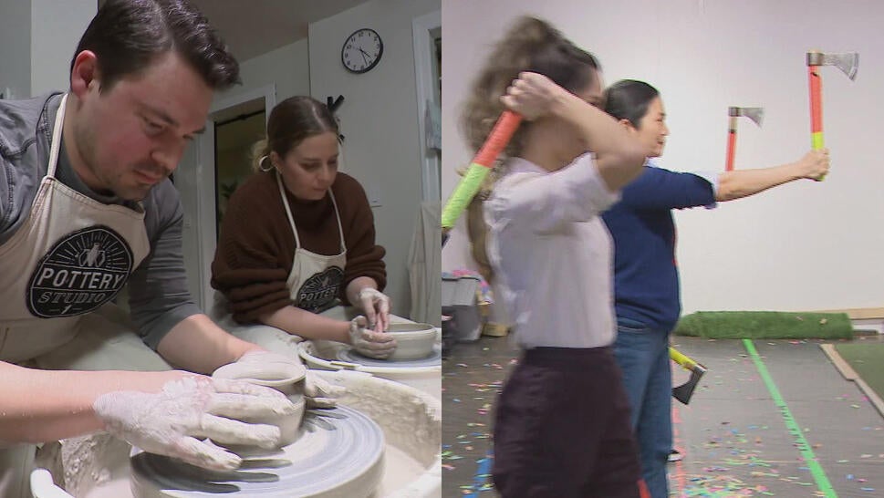 A couple takes a pottery class, people throwing axes