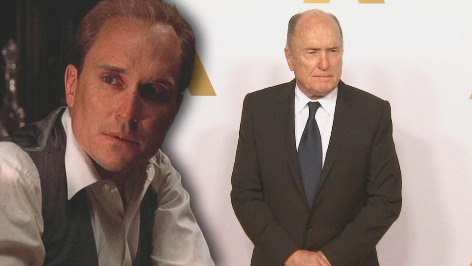 Young Robert Duvall acting in a movie / Elder Robert Duvall smiling to camera before a step-and-repeat