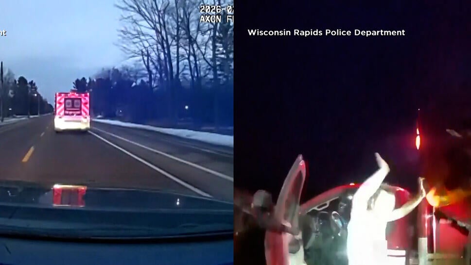 Split image of ambulance on the road, man exiting ambulance with hands in the air
