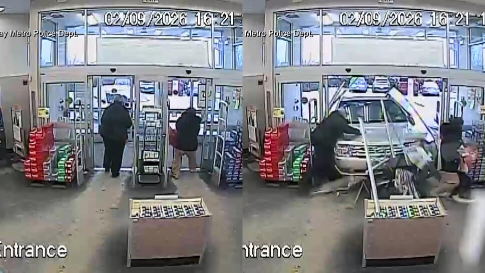 Before and after car crashed through store