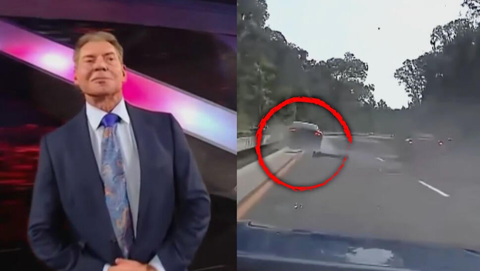 Vince McMahon, police dashcam footage of a car slamming into a highway guardrail