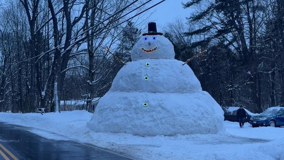 full body shot of Parker the giant snowman