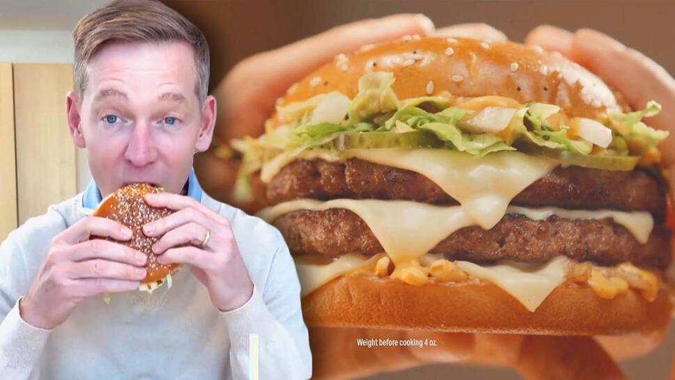 McDonald's CEO Chris Kempczinski taking a small bite of a Big Arch burger / Big Arch burger in a commercial