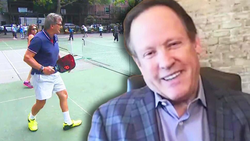 Man playing pickleball / Jeff Webb smiling in an interview