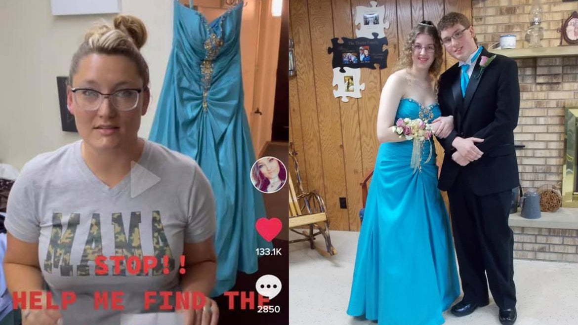 Side by side picture of shop owner Nimick and the blue dress and Potosky with her prom date