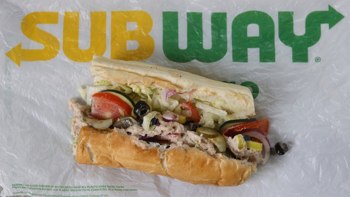A tuna sandwich from Subway is displayed on June 22, 2021 in San Anselmo, California.
