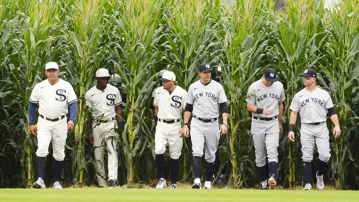 The Yanks and White Socks enter the "Field of Dreams" game by way of the cornfield.