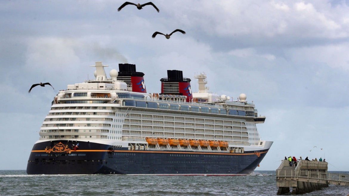 Wide shot of Disney cruise ship on the water