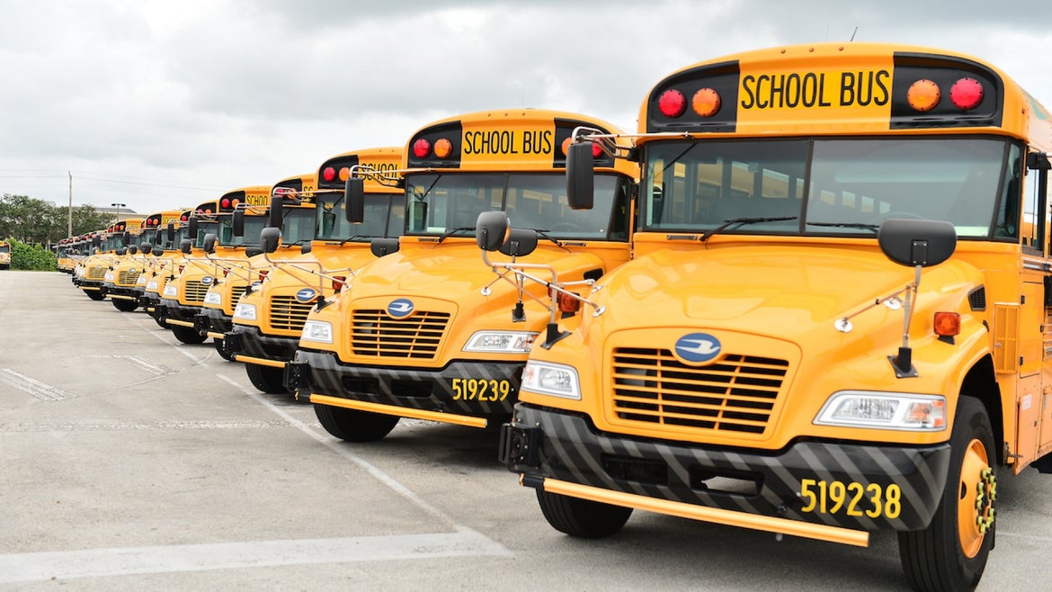 A fleet of Broward County School Buses are parked in a lot on July 21, 2020 in Pembroke Pines, Florida.