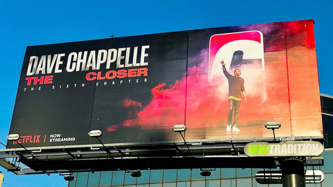 General view of a Netflix billboard above Hollywood Blvd promoting Dave Chappelle's controversial comedy special 'The Closer' on October 09, 2021 in Hollywood, California