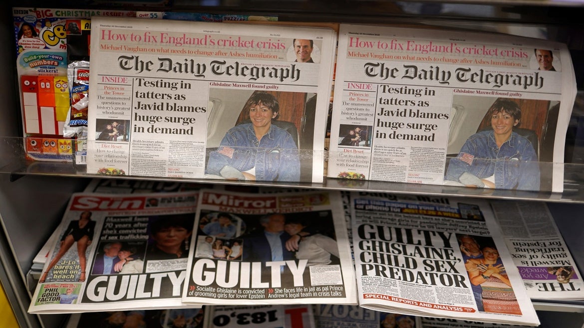 British tabloids' coverage of Ghislaine Maxwell guilty verdicts.