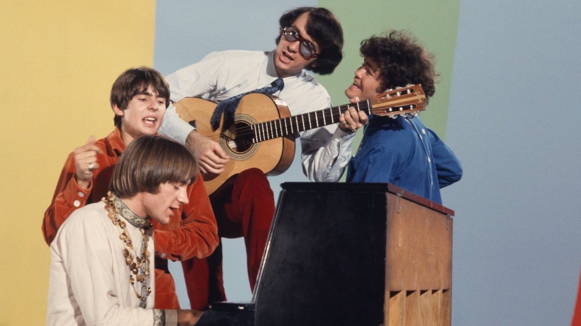 Davy Jones, Mickey Dolenz, Peter Tork and Mike Nesmith on the set of the television show The Monkees in August 1967 in Los Angeles, California.