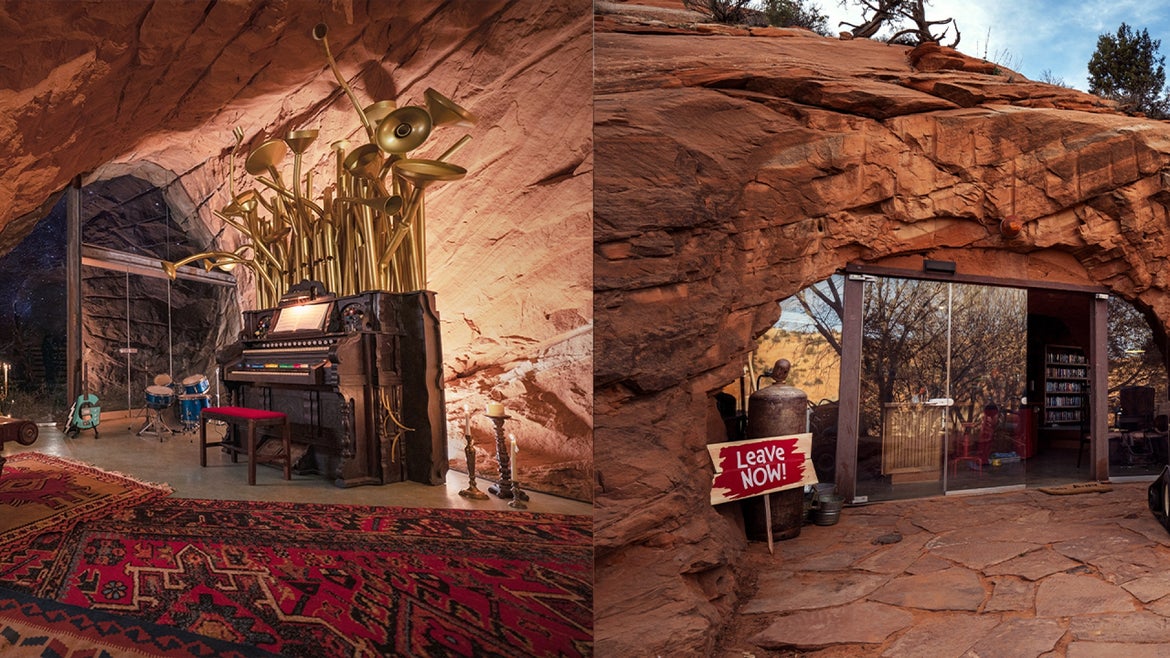 (l-r): the Grinch's music room, and the exterior of the Grinch's cave rental in Boulder, Utah 