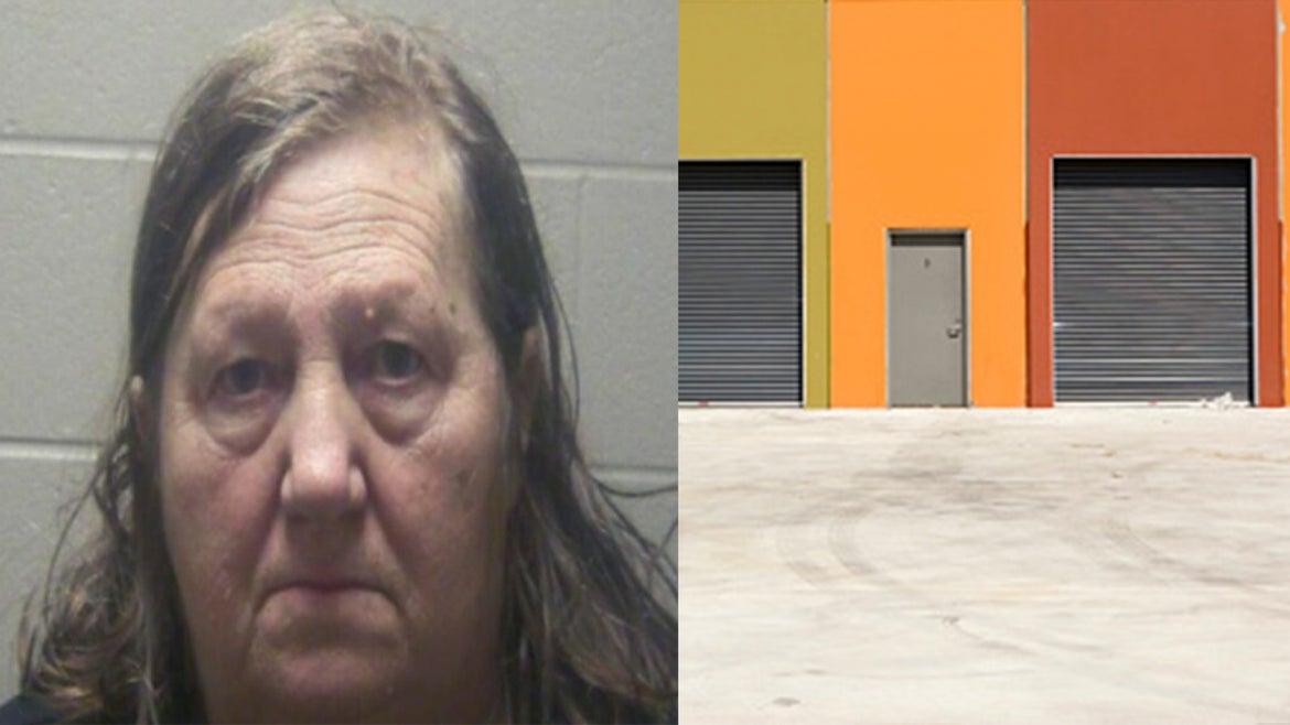 Melissa Simms McCann, 62, arrested in abuse of corpse; stock image of a self storage unit.
