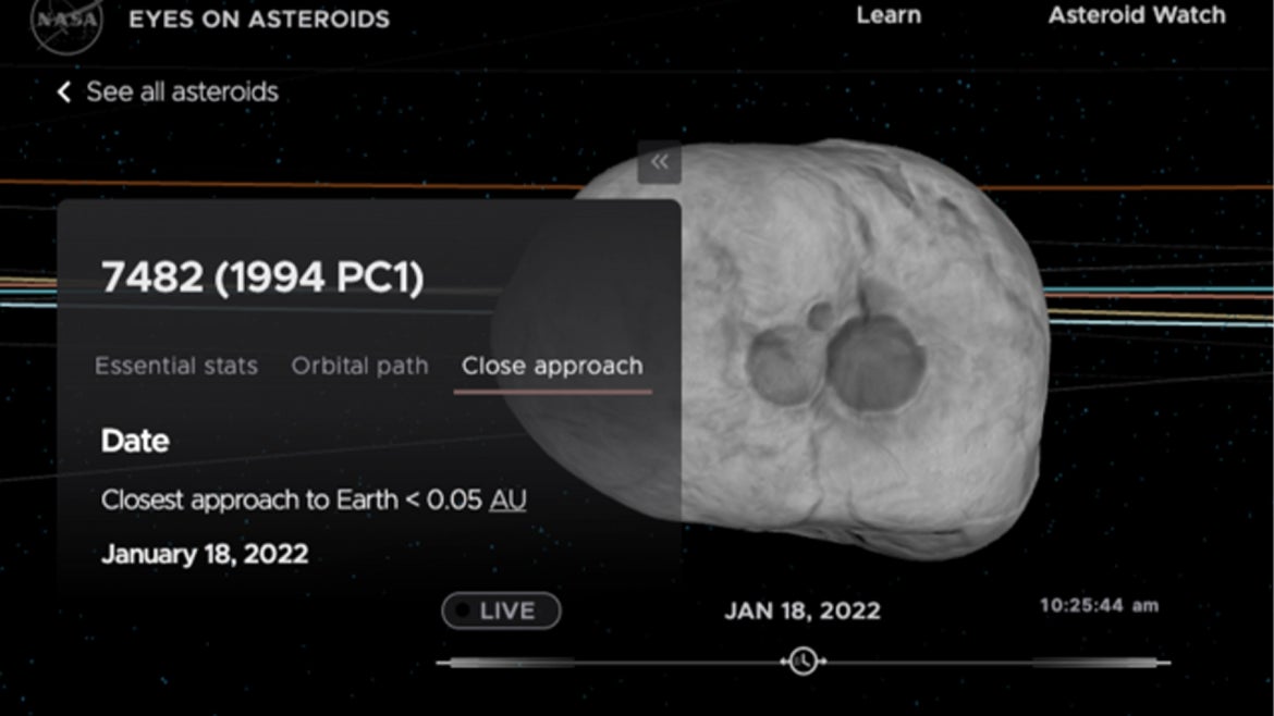 Asteroid 7482 (1994 PC1)'s closest approach to Earth will take place on January 18, 2022.