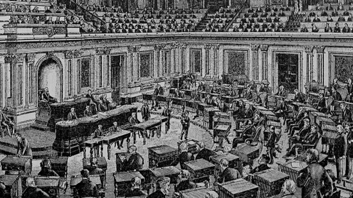 Engraving of the United States Senate chamber in Washington, District of Columbia, from the book "The political history of the United States" by James Penny Boyd, 1888.