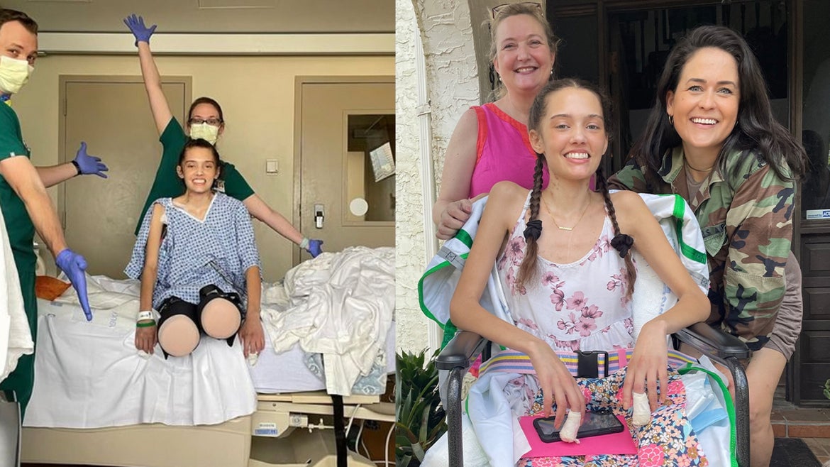 Claire Bridges with her medical team sitting up for the first time in hospital; Claire with her friend/roommate Heather Valdes next to Claire with Claire's mom, Kimberly White, who is standing behind her daughter.